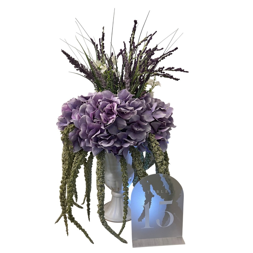 Purple Hydrangea Lavender Wedding Centerpiece Faux Floral Arrangement White Urn